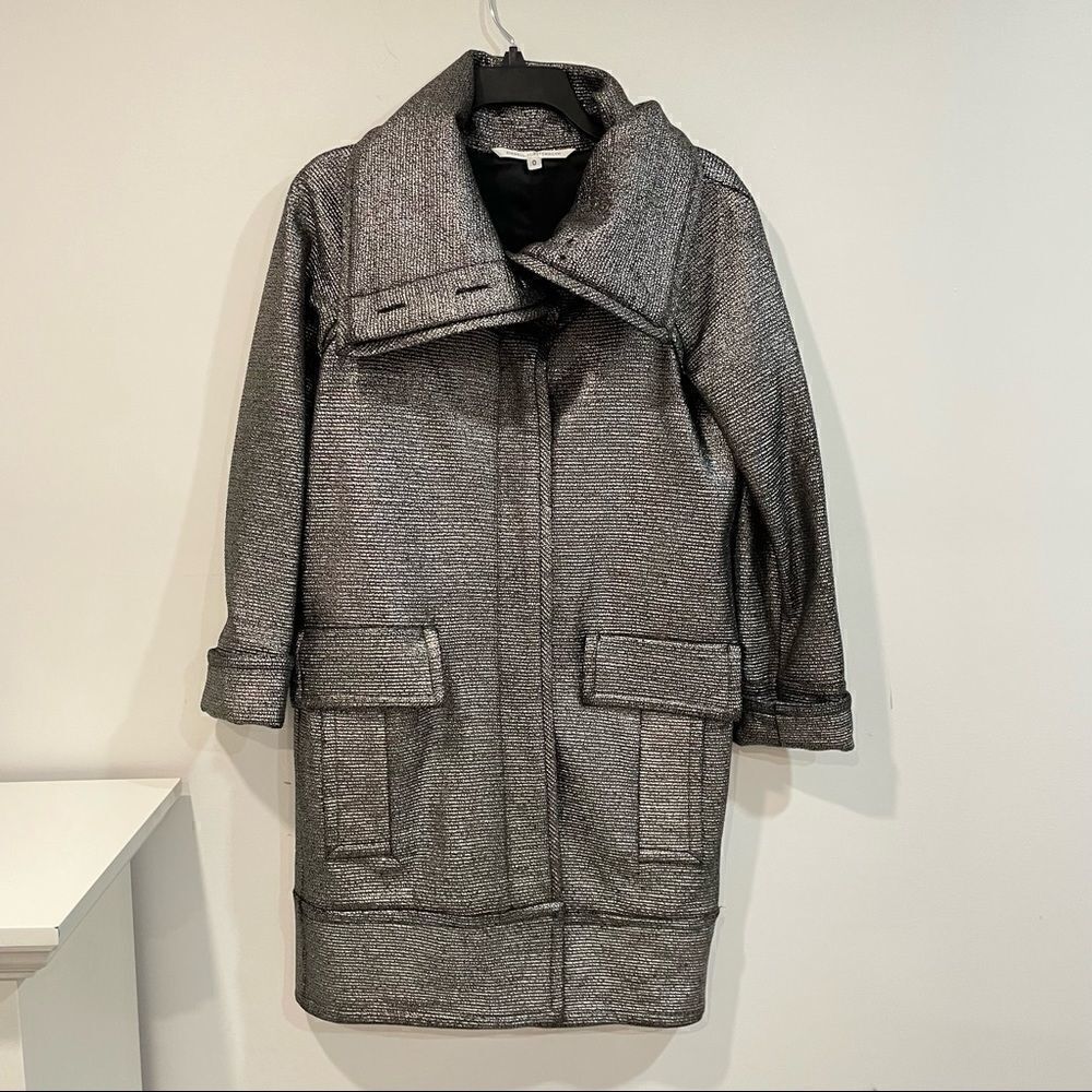 Diane von Furstenberg Silver Glitter Peacoat Front pockets Wool